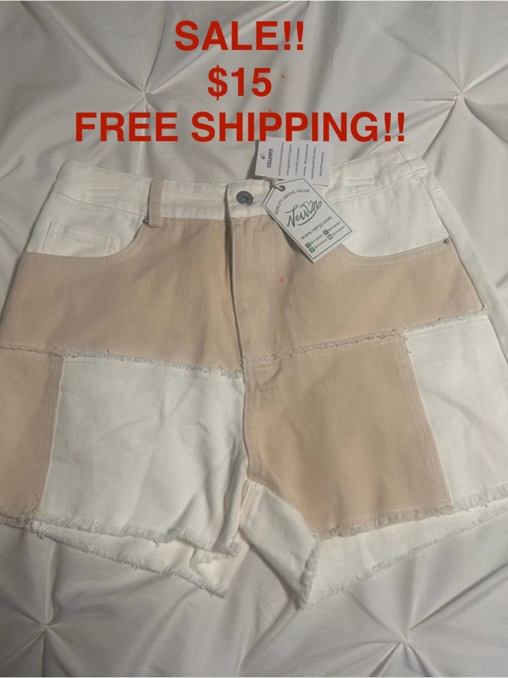 NWT Very J Beige and White Patchwork High-Rise Denim Shorts